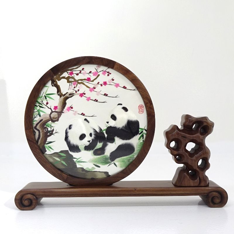 三重店】中国伝統工芸 両面刺繍 パンダ 置物 直径約20cm【426-C621