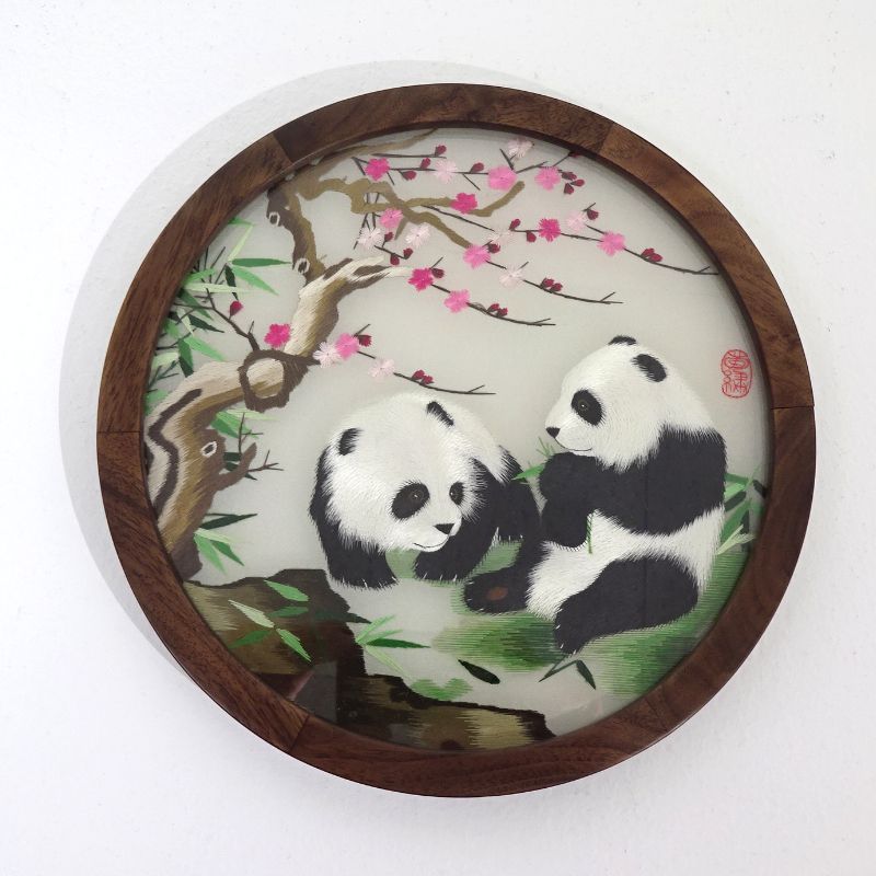 三重店】中国伝統工芸 両面刺繍 パンダ 置物 直径約20cm【426-C621
