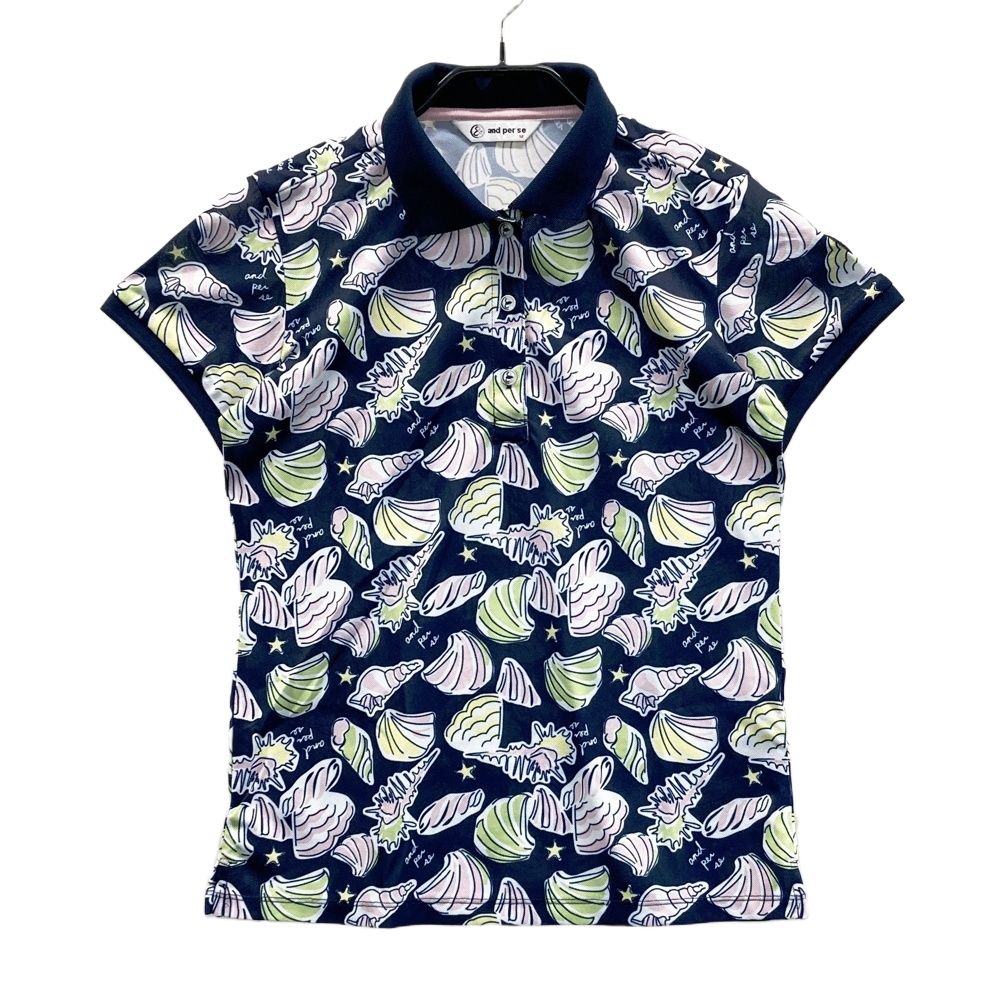 サイズ：M AND PER SE アンパスィ 半袖ポロシャツ 総柄 ネイビー系