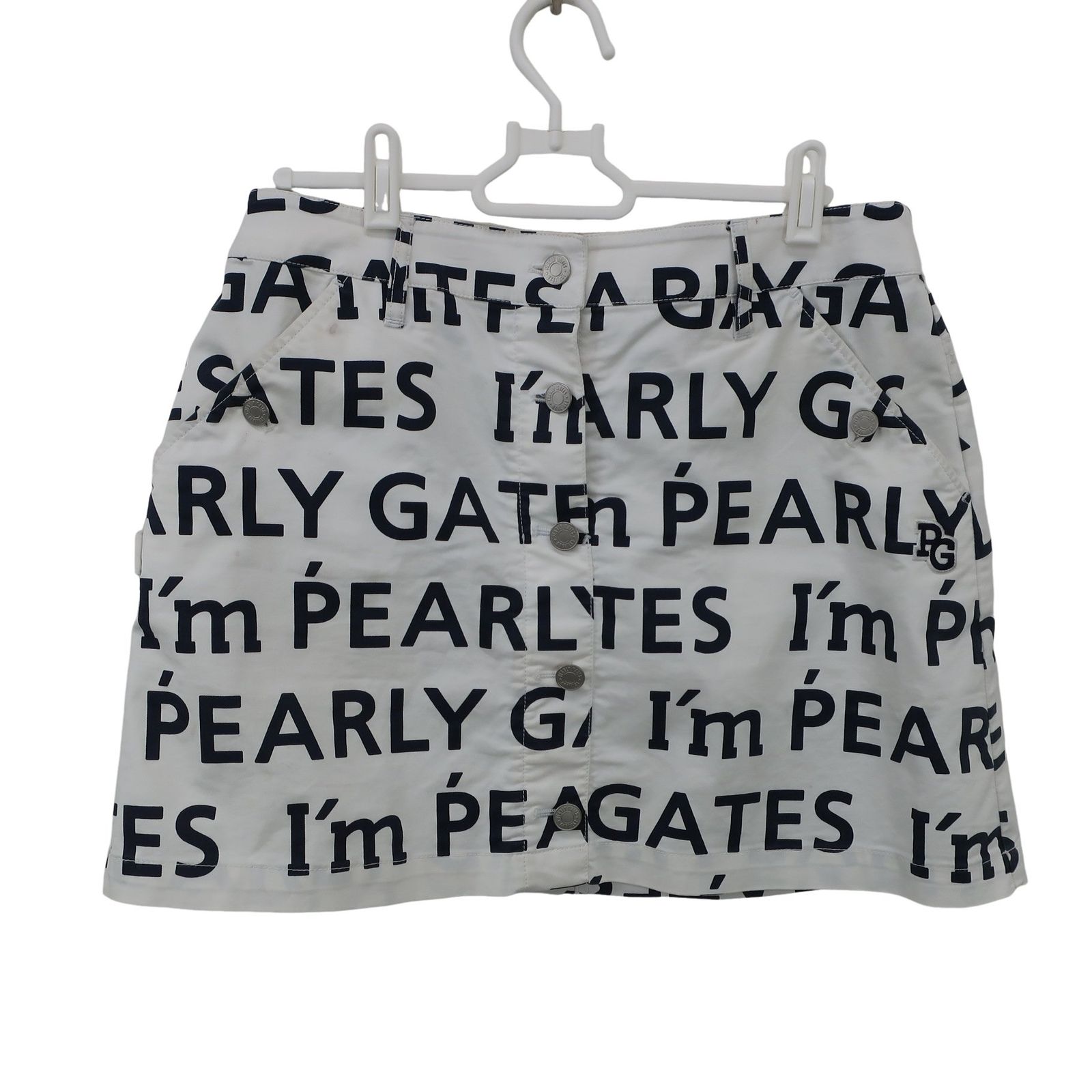 【美品】PEARLY GATES(パーリーゲイツ) スカート 白ネイビー文字柄 レディース 2 055-9134316 ゴルフウェア 2510-0313 