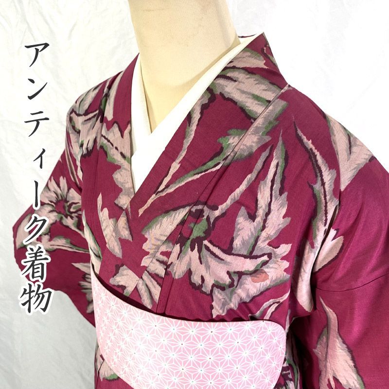 602af5△アンティーク着物 銘仙 花 花唐草 紫系 リメイクにも 大正