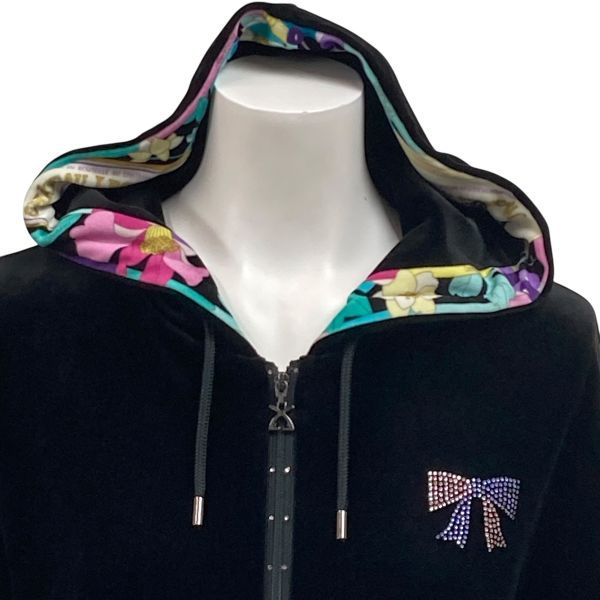 レオナール　パーカー　ベロア　花柄　近年モデル　トリム　ラインストーン　黒　3L ◇ レオナールスポーツ LEONARD ベロアジップアップパーカー ベロア 花