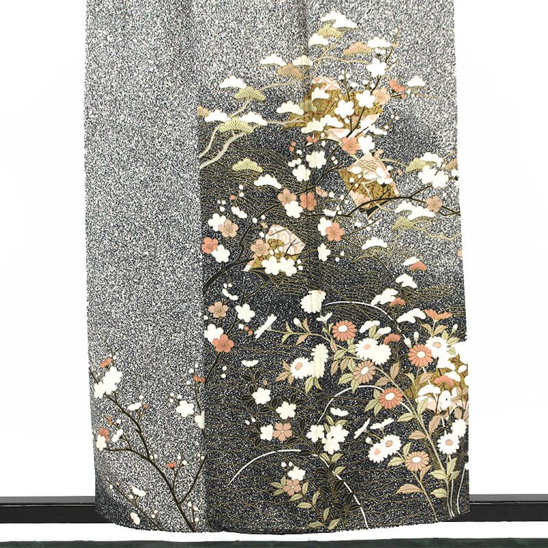 訪問着 袷 レディース 正絹 黒 白 たたき染め 冊子文 桜 菊 梅 松 身丈
