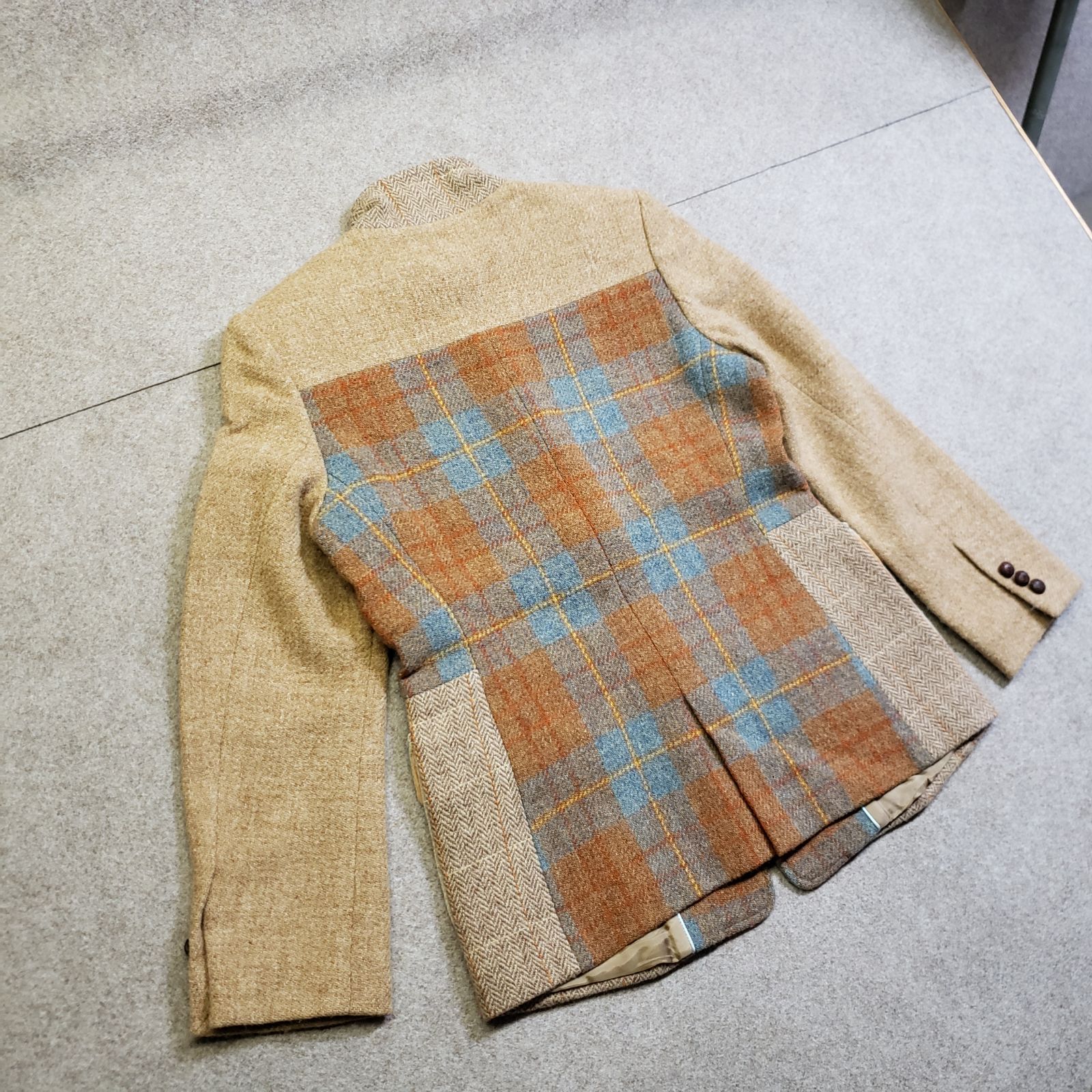 SCAPA スタンドカラージャケット チェック柄切替デザイン ブラウン系