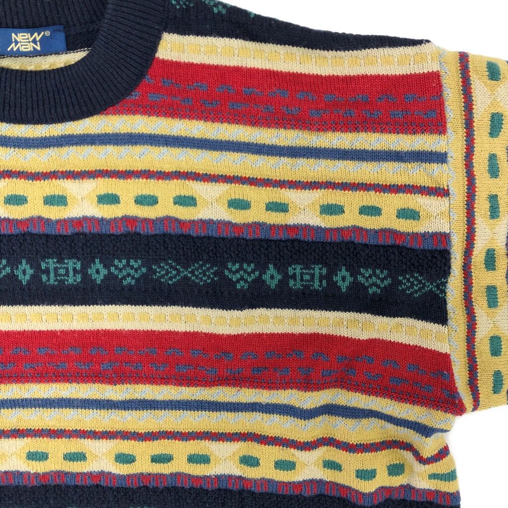 90年代 フランス製 NEW MAN 3Dニット ウールセーター ボーダー マルチ