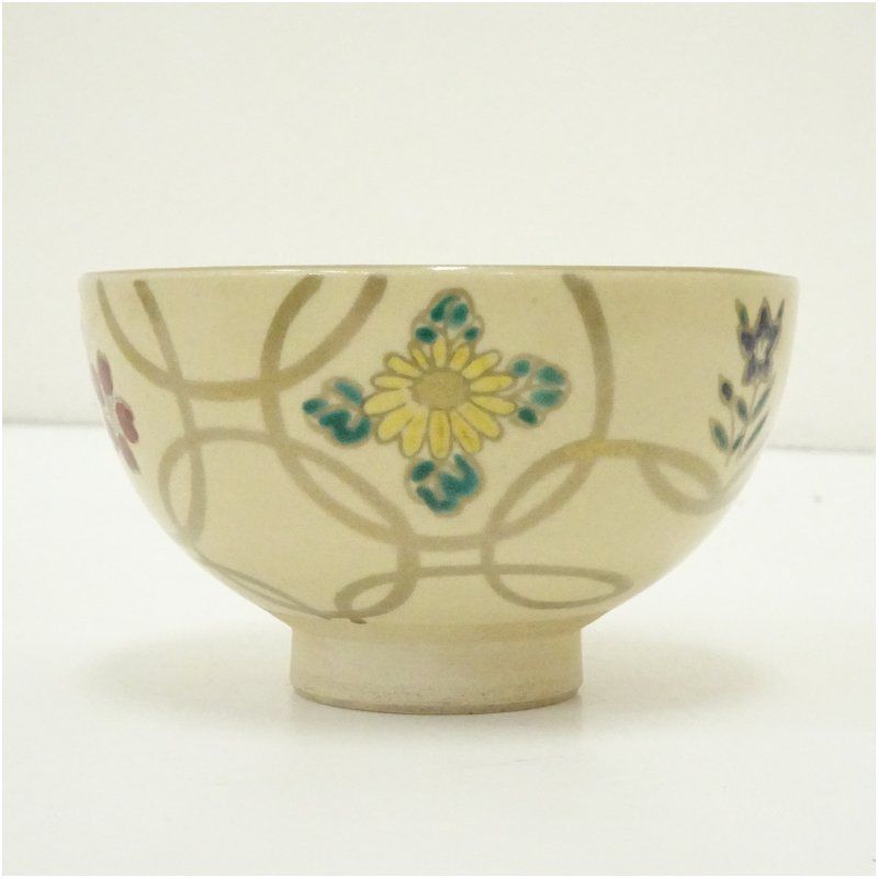 京焼 清鳳造 色絵七宝四季花茶碗（箱付） 茶道 抹茶 おしゃれ 抹茶茶碗