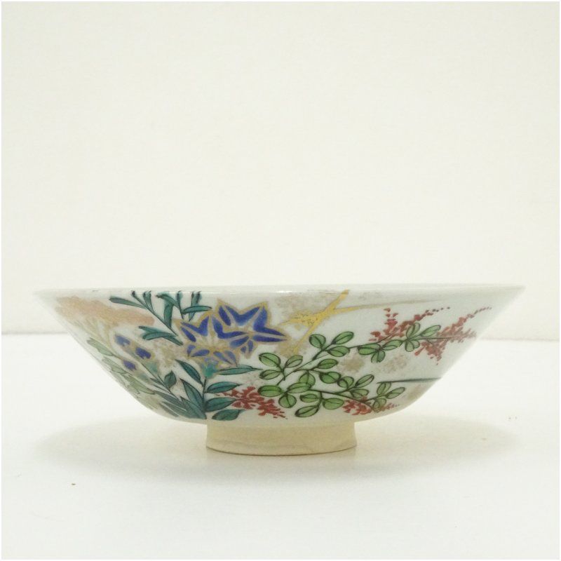 京焼 山澤松篁造 着彩千種絵茶碗（銘：白露）（共箱） 茶道 抹茶