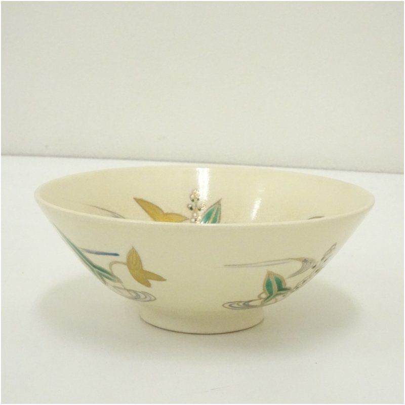 京焼 弘艸造 色絵沢潟平茶碗（箱付） 茶道 抹茶 おしゃれ 抹茶茶碗