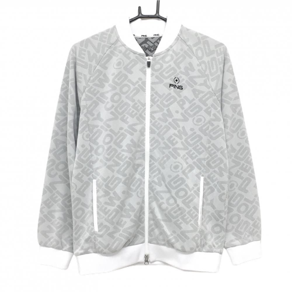 ピン ジャケット ライトグレー×白 英字地模様 ロゴ刺しゅう レディース