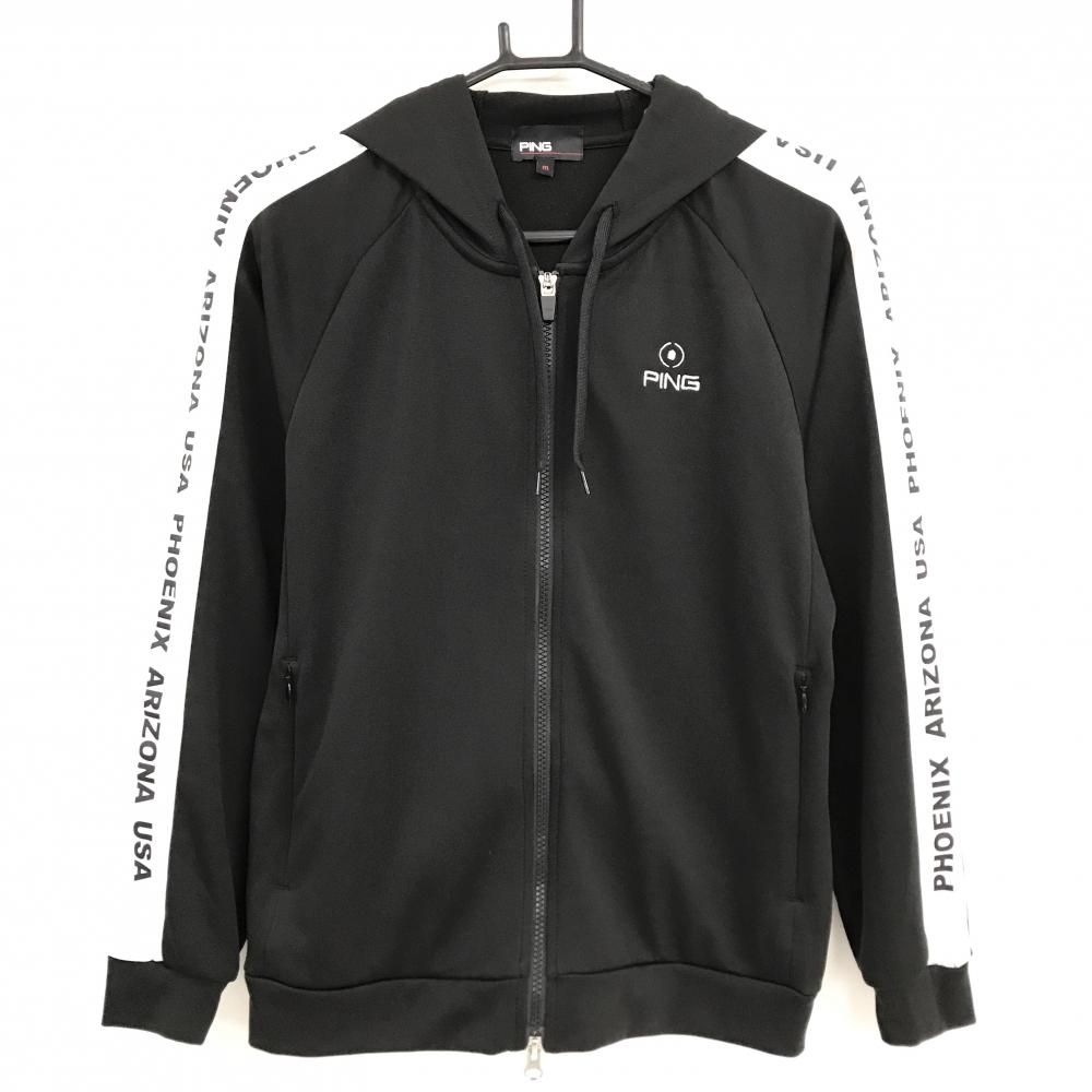 美品】ピン ジップパーカー 黒×白 肩・袖英字ライン ロゴ刺しゅう