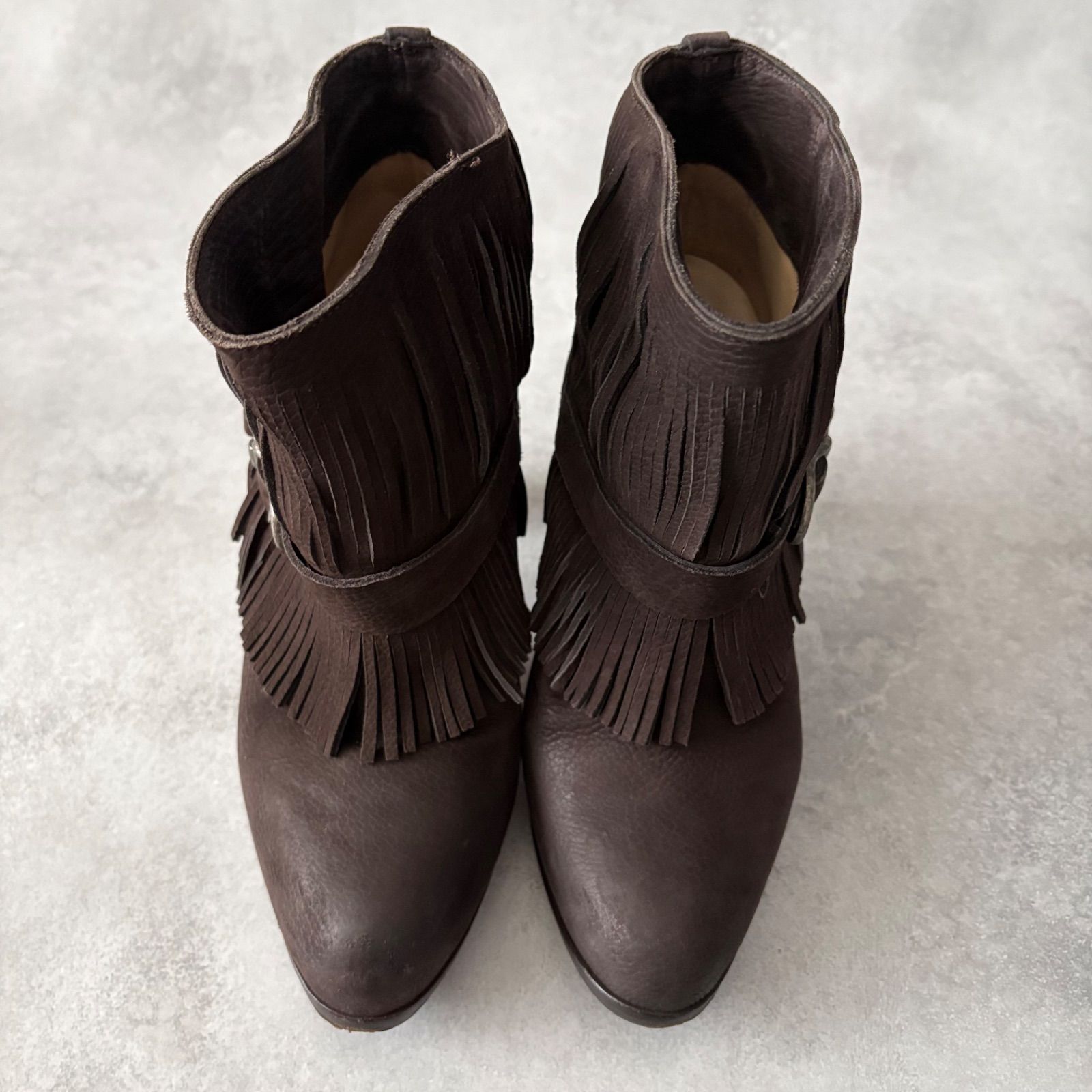 サルトル SARTORE フリンジ ショートブーツ ヒール 茶 35 保存袋付