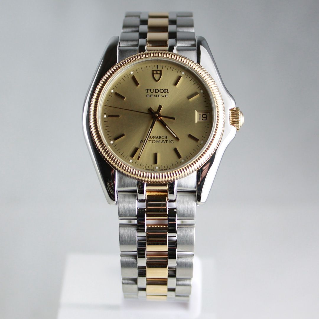  SA249 TUDOR チューダー Monarch モナーク 38733 自動巻き デイト ゴールド文字盤 コンビ フルーテッドベゼル メンズ 腕時計 90s 00s ヴィンテージ 銀座サコム堂 期間 販売 アウトドア風 自動巻き時計 腕時計(アナログ)