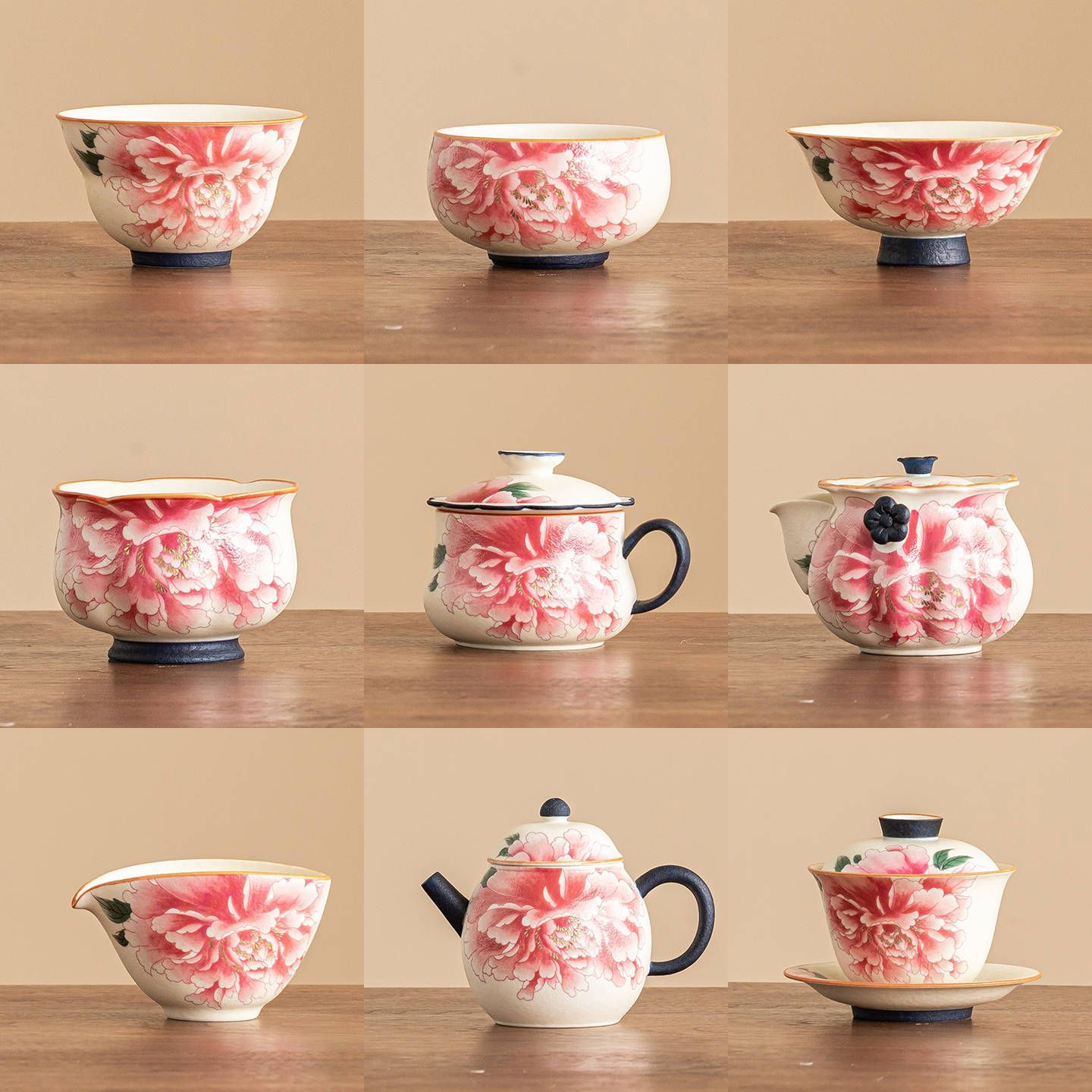 新品未使用 岩白 茶道具 セット 金彩 牡丹 陶磁器 ティーカップ 蓋碗