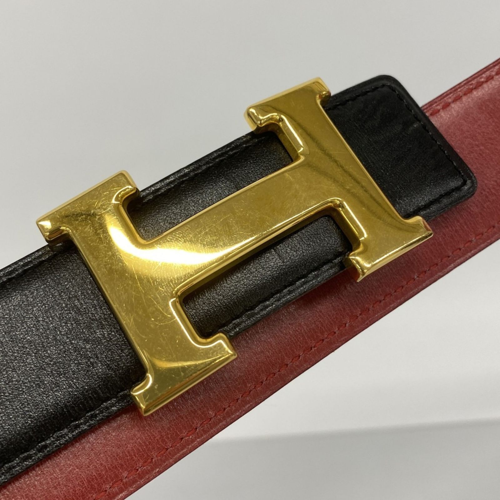 HERMES レザー ベルト ブラック/レッド エルメス(Hermes) エルメス ベルト コンスタンスベルト ボックスカーフ