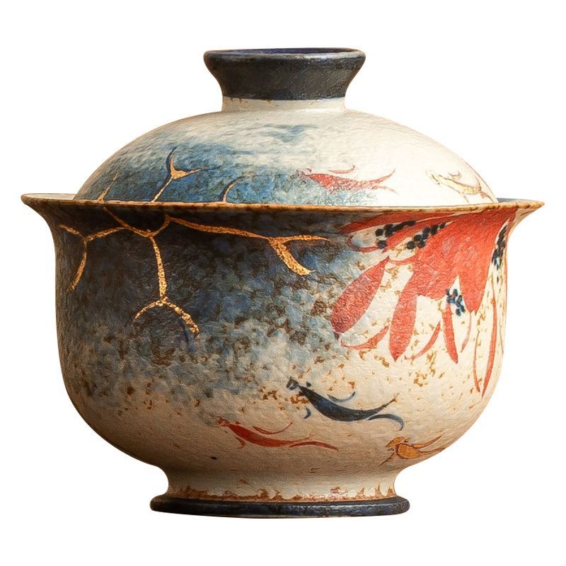 新品未使用 工場製 青花 火石 蓋碗 ティーカップ 金彩 手作り 荷韻