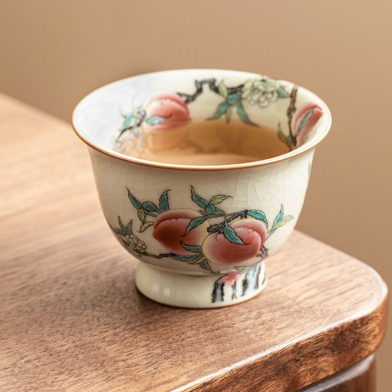 新品未使用 汝窯 粉彩九桃 高足 反口カップ 家庭用 陶磁器 ティー