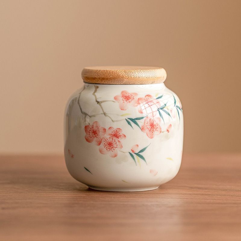 新品未使用 手描き桃花三元茶葉缶 密閉缶 防湿 持ち運び便利な茶葉保存