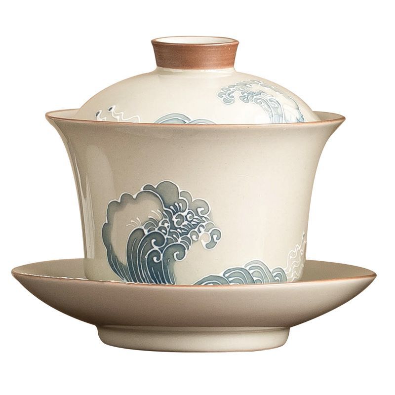 新品未使用 手作り 堆彫 海浪 三才 蓋碗 1 個 高級 陶磁器 茶碗 蓋付き