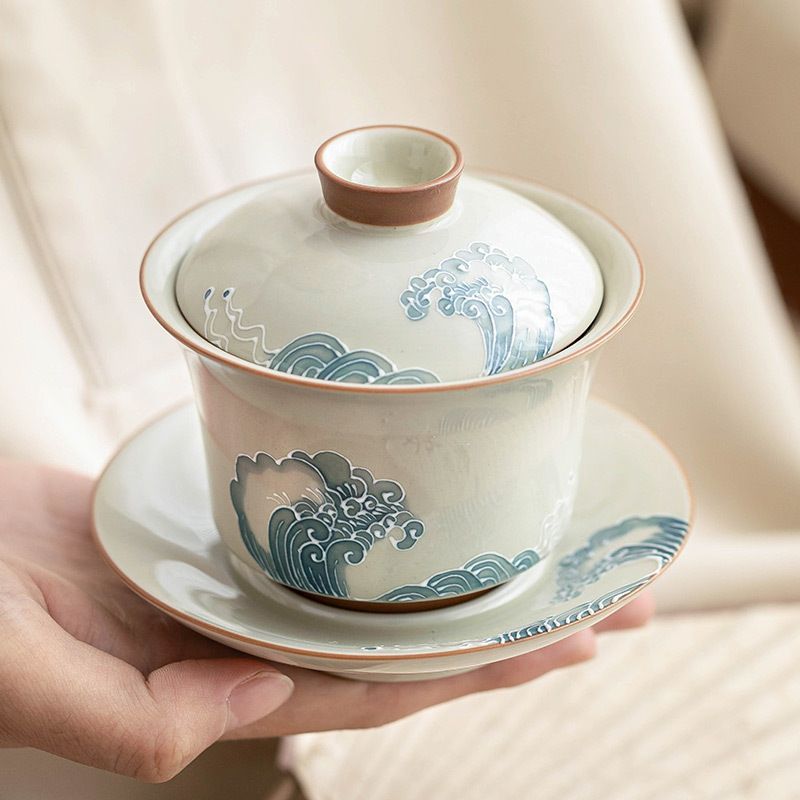 竜三才蓋碗 陶磁 茶器 茶碗 茶道具 香道具 装飾品 現代工芸品 竜三才