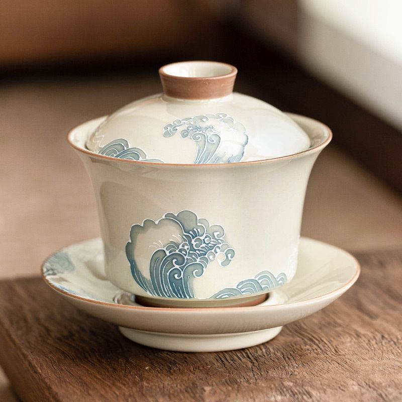 新品未使用 手作り 堆彫 海浪 三才 蓋碗 1 個 高級 陶磁器 茶碗 蓋付き