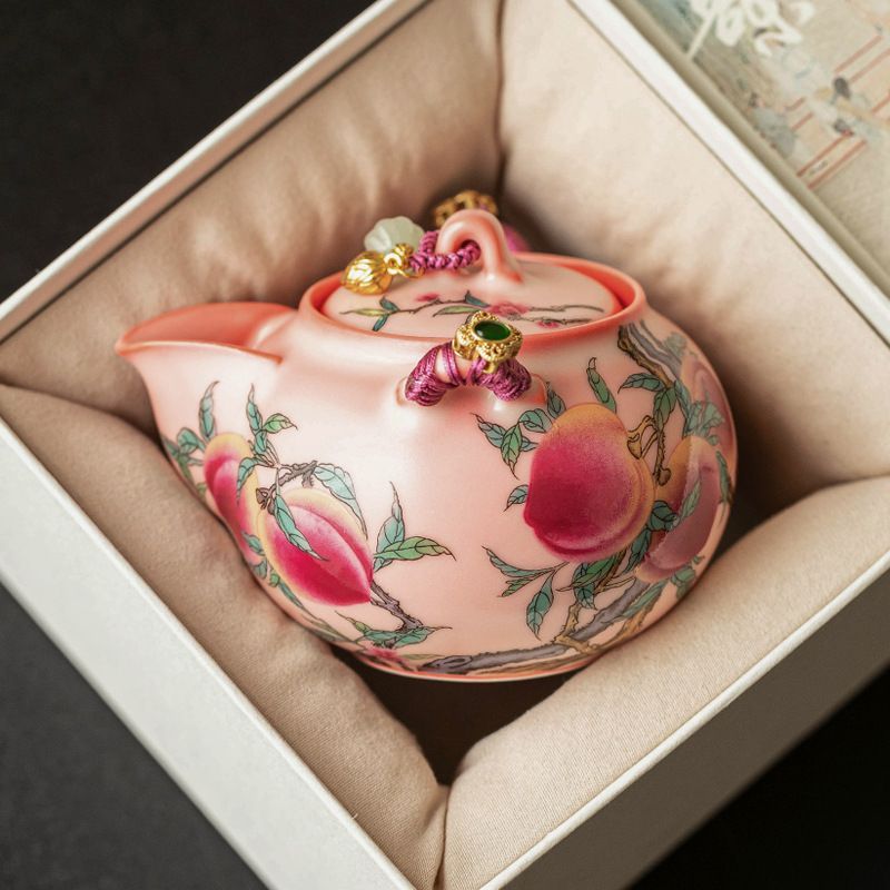 新品未使用 ピンク 汝窯 粉彩九桃 手抓み 陶磁器 茶碗 お茶入れ 家庭用