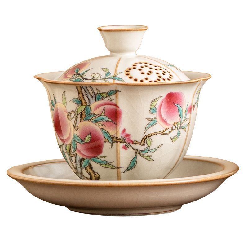 新品未使用 汝窯 粉彩九桃 三才 蓋碗 茶道具 1 個 高級 茶碗 蓋付き