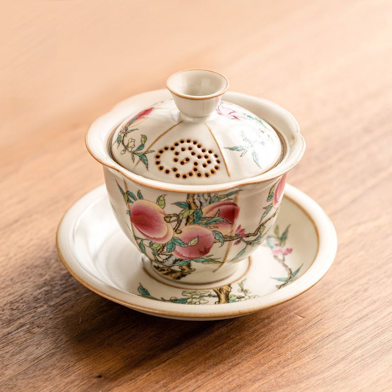 新品未使用 汝窯 粉彩九桃 三才 蓋碗 茶道具 1 個 高級 茶碗 蓋付き