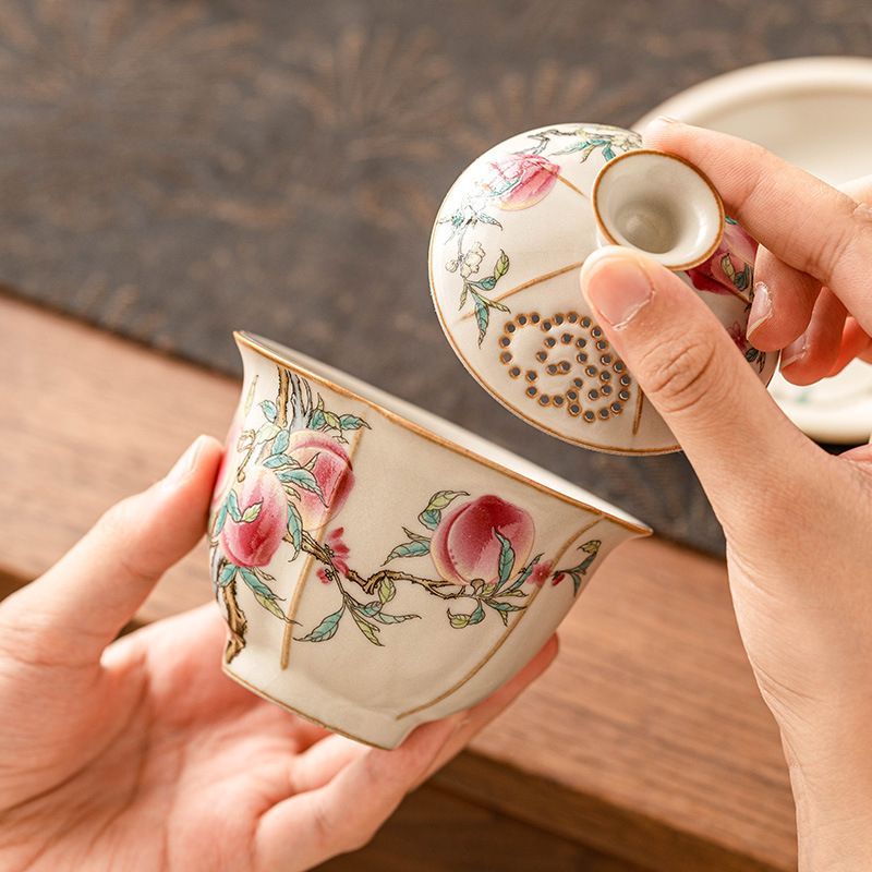 新品未使用 汝窯 粉彩九桃 三才 蓋碗 茶道具 1 個 高級 茶碗 蓋付き