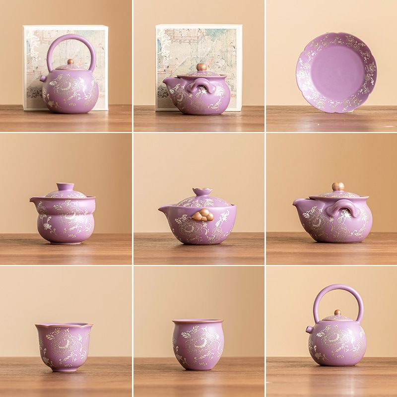 新品未使用 汝窯 功夫茶道具 一品 ライラック 金彩 牡丹 茶碗 ティー