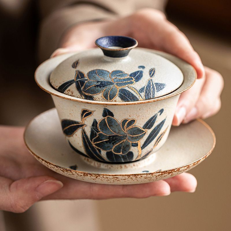 新品未使用 染付け燧石三才蓋碗 手描き金彩百合湯呑み 大型泡だて碗