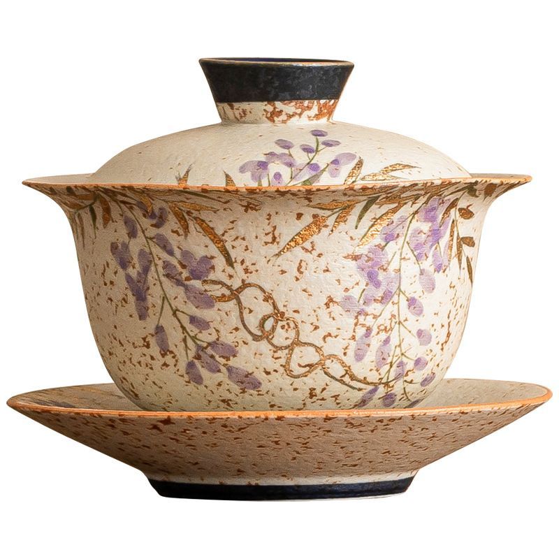 新品未使用 染付け燧石 蓋付き茶碗 湯呑み 手描き金彩藤の花 お茶器