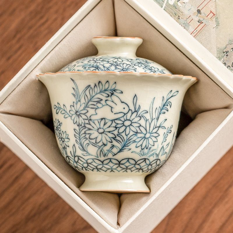 新品未使用 向 花 可愛い兎 二才 蓋碗 お茶入れ 碗 中式 高級 功夫茶