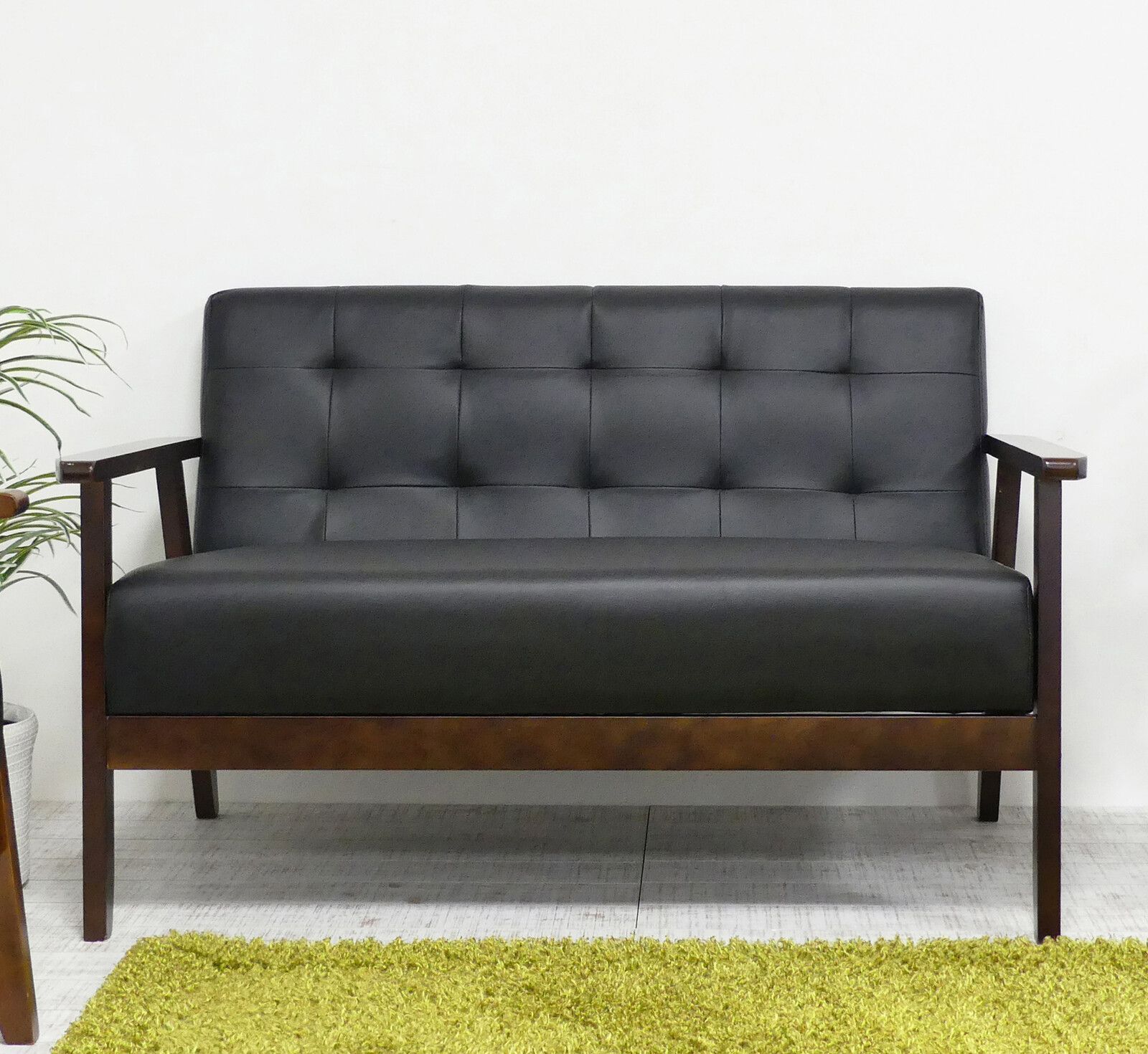 2Pソファ ブラック 二人掛け 座り心地の良い ソファー 2人掛け 天然木 合成皮革 シンプル コンパクト スタイリッシュ おしゃれ リビング 組立式