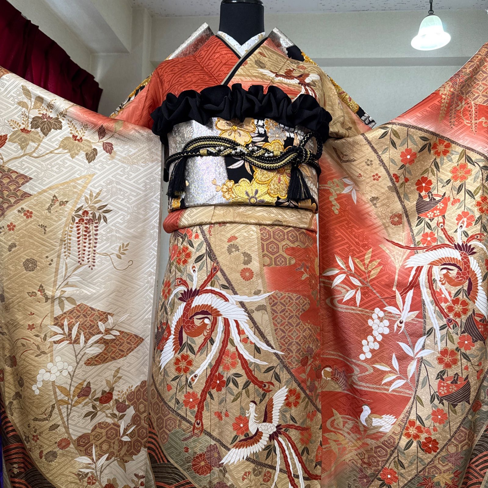 豪華振袖セット(4点)・袋帯・半衿・重ね衿・古典柄・鳳凰・枝垂れ桜