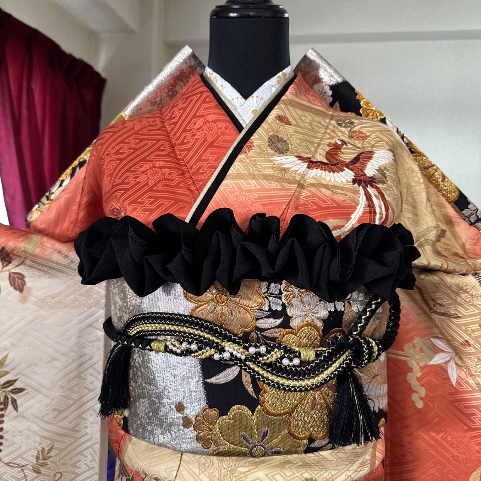 豪華振袖セット(4点)・袋帯・半衿・重ね衿・古典柄・鳳凰・枝垂れ桜