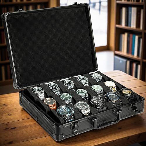 15スロットアルミ時計ケース デラックス腕時計収納ボックスディスプレイオーガナイザー 最大55 mmの大型時計にフィット 27415 a 1 c