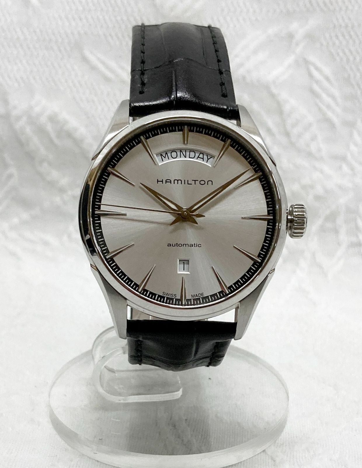 〇 HAMILTON ハミルトン H425650 ジャズマスター デイデイト 自動巻き SS 革 シルバー文字盤