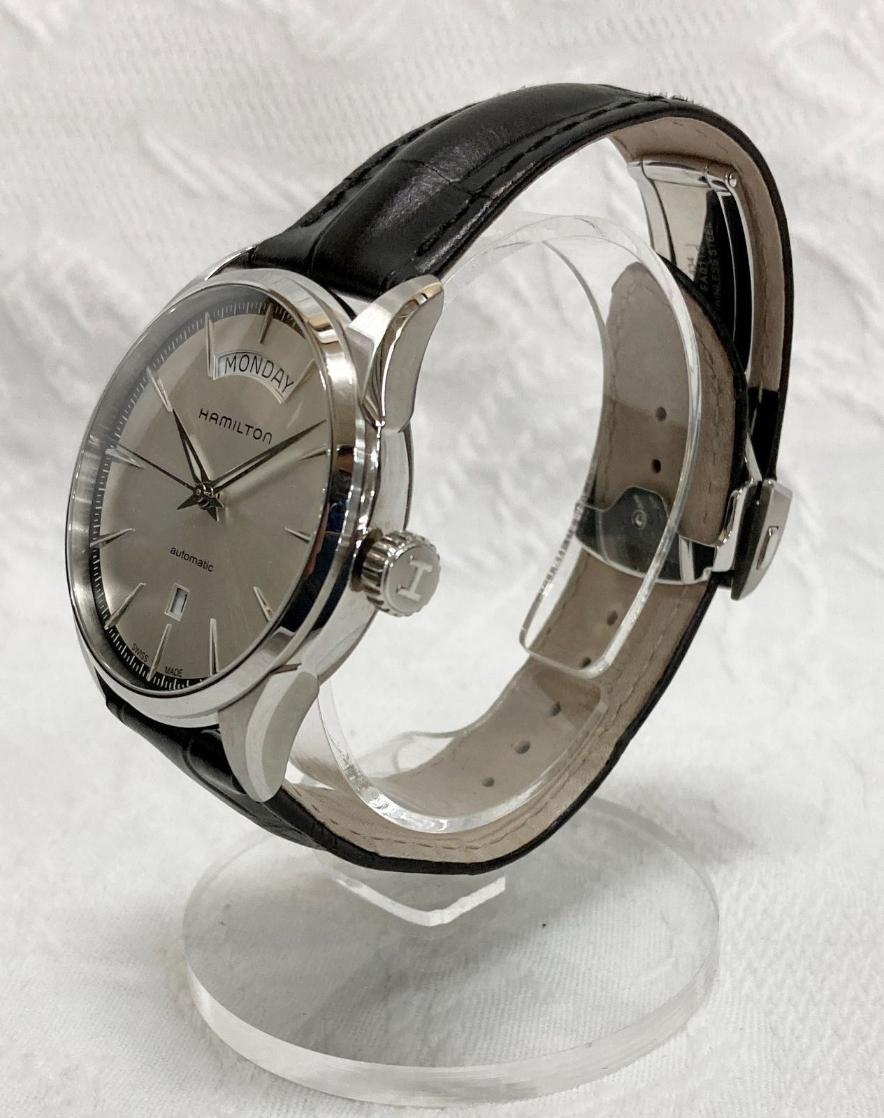  〇 HAMILTON ハミルトン H425650 ジャズマスター デイデイト 自動巻き SS 革 シルバー文字盤 着回し力 自動巻き時計 腕時計(アナログ)