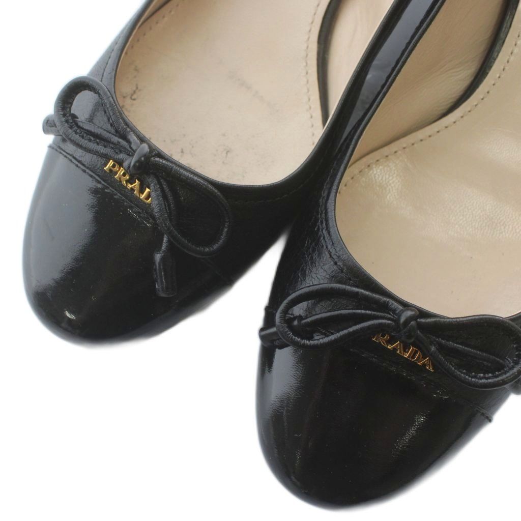 プラダ PRADA パンプス エナメル レザー ラウンドトゥ ヒール リボン