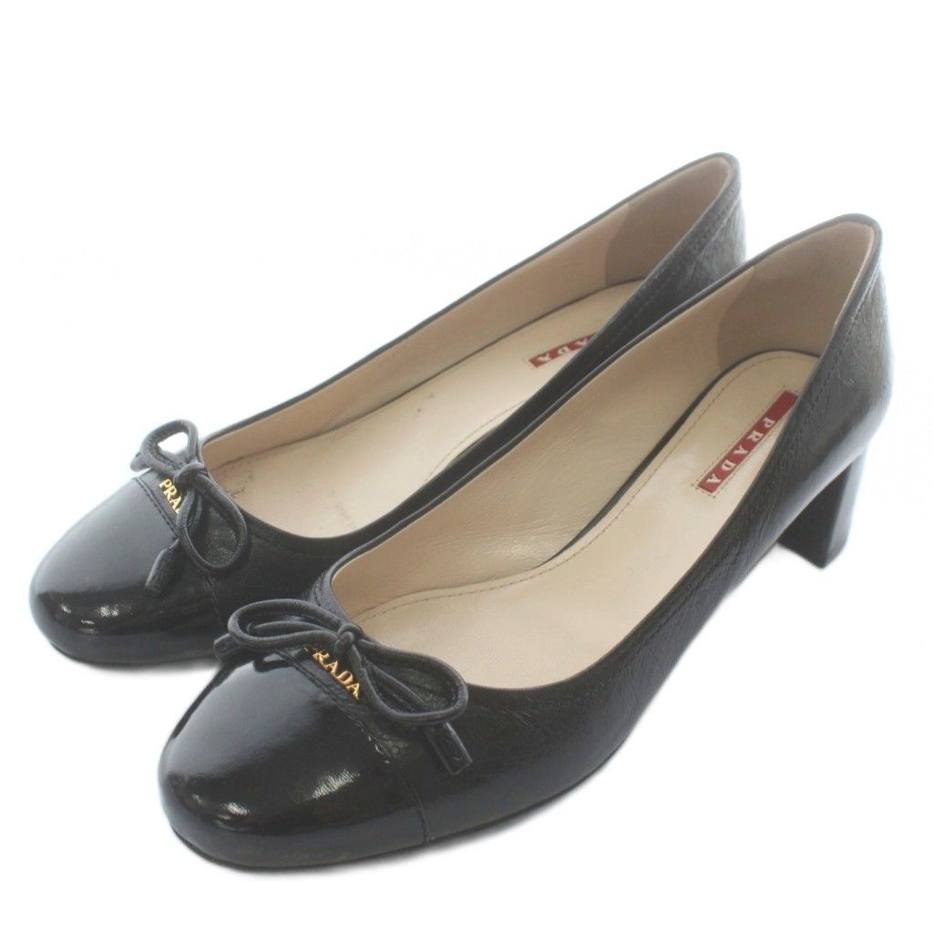 プラダ PRADA パンプス エナメル レザー ラウンドトゥ ヒール リボン