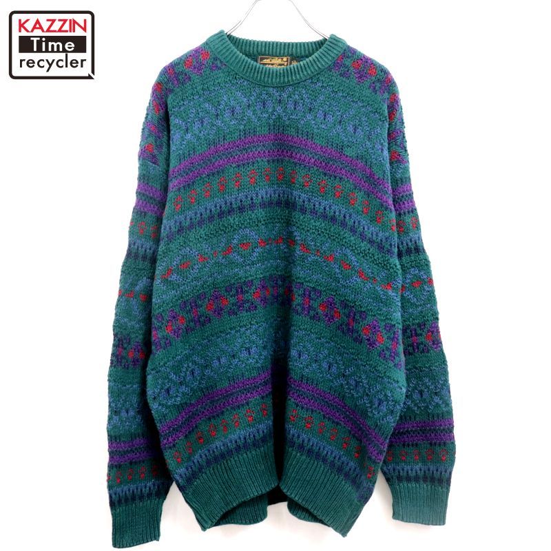 【超人気◎】Eddie Bauer　コットンニット　アメリカ製　古着　90s 90s USA製 vintage Eddie Bauer 総柄 コットン ニットセーター メンズ