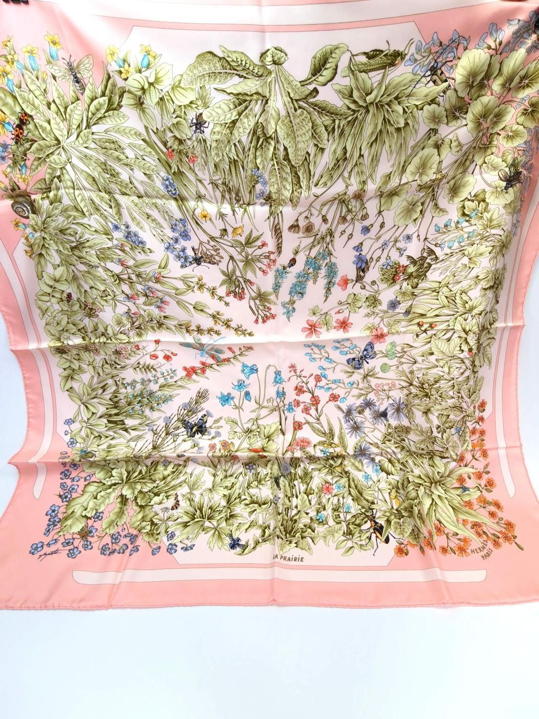 HERMES エルメス カレ90 LA PRAIRIE 草原 シルク スカーフ ピンク 管理