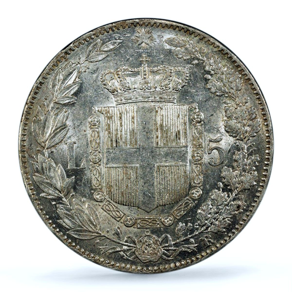 イタリア 5リラ ウンベルト1世 貨幣 KM-20 AU 58 PCGS 銀貨 1879年