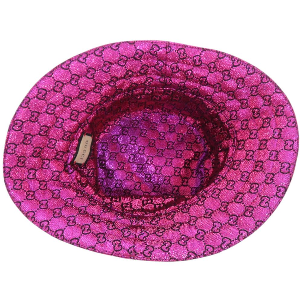 美品 グッチ メタリックジャカードリバーシブルバケットハット ピンク