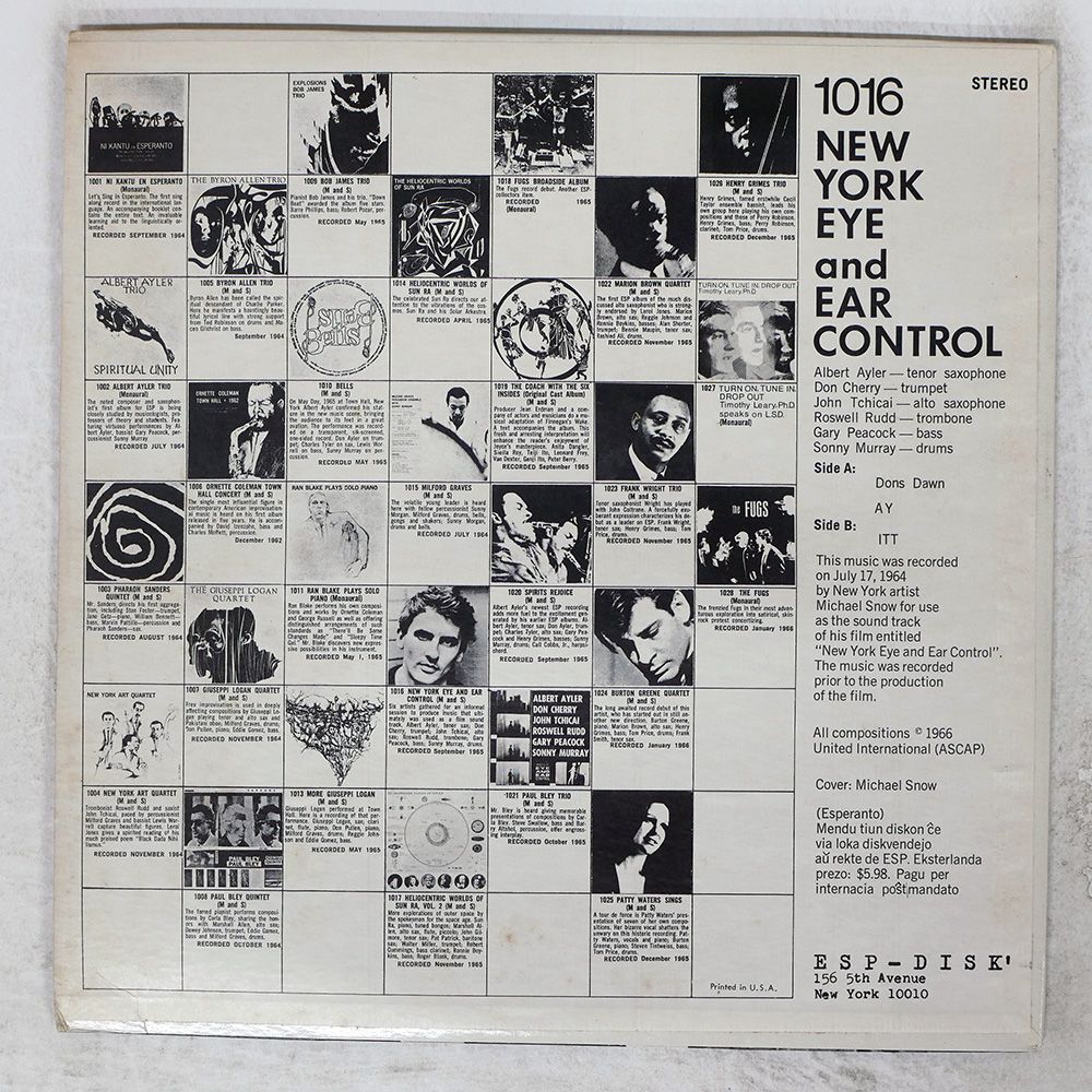 US盤 ALBERT AYLER| YORK EYE AND EAR CONTROL|ESP-DISK ESP 1016 LP