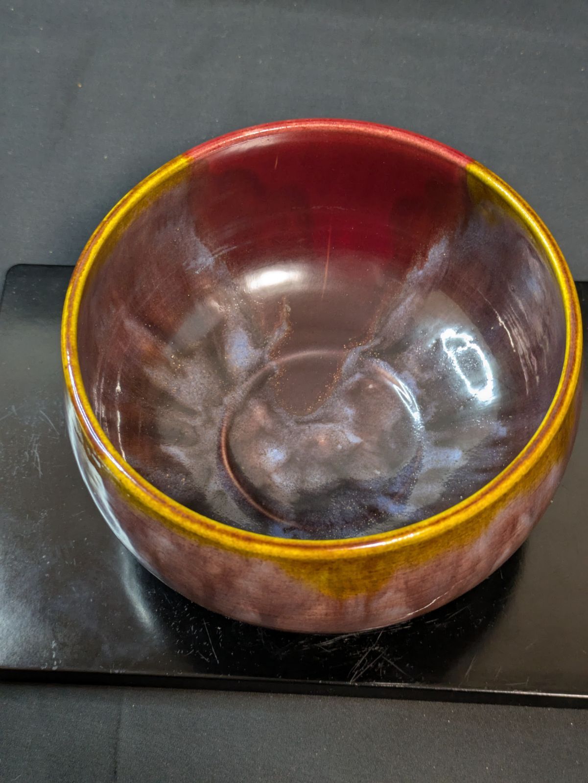 九谷焼 伊関巽山 窯変 結晶釉 赤茶碗 共箱 直径12cm 茶道具 抹茶碗