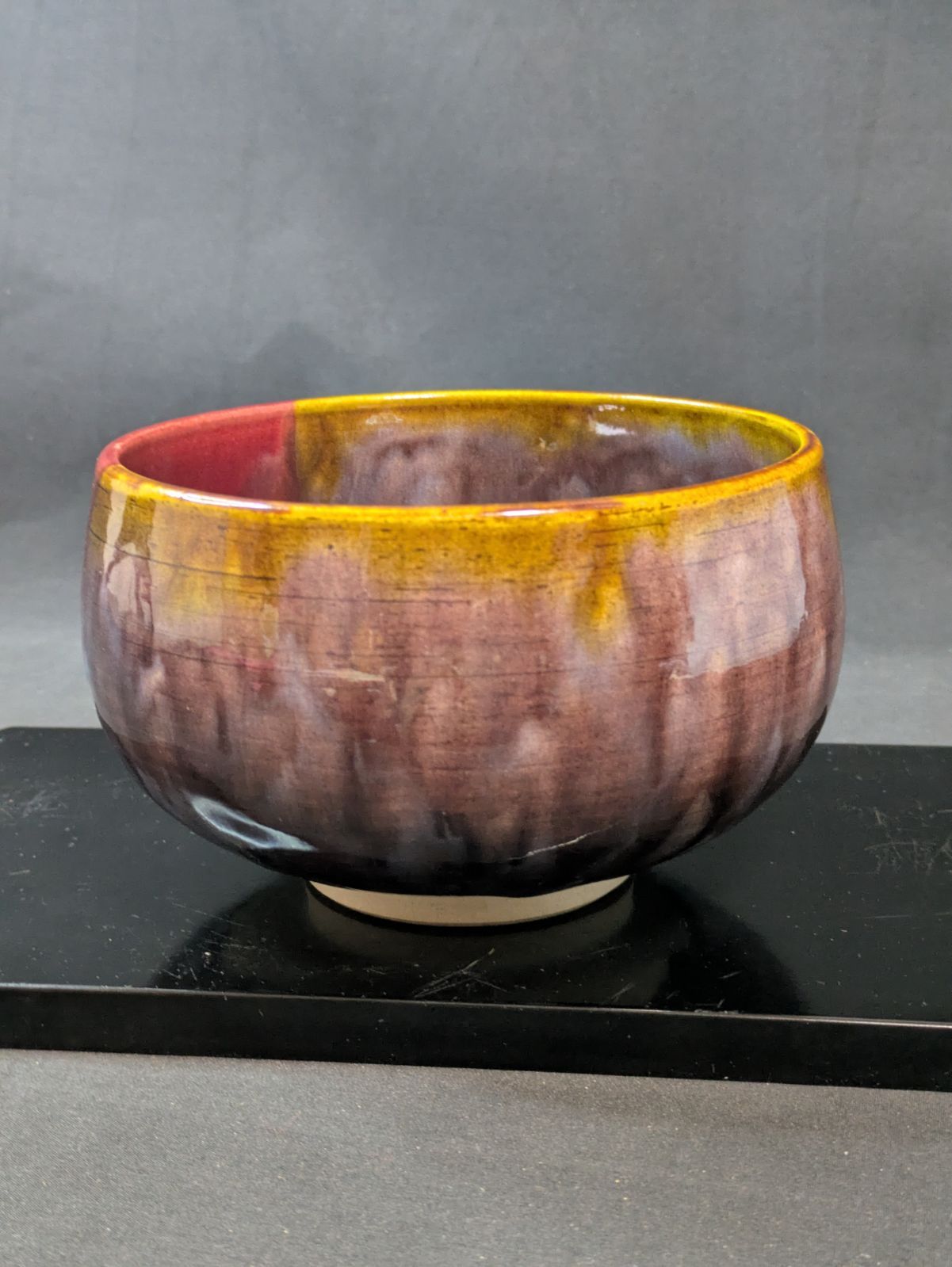 九谷焼 伊関巽山 窯変 結晶釉 赤茶碗 共箱 直径12cm 茶道具 抹茶碗
