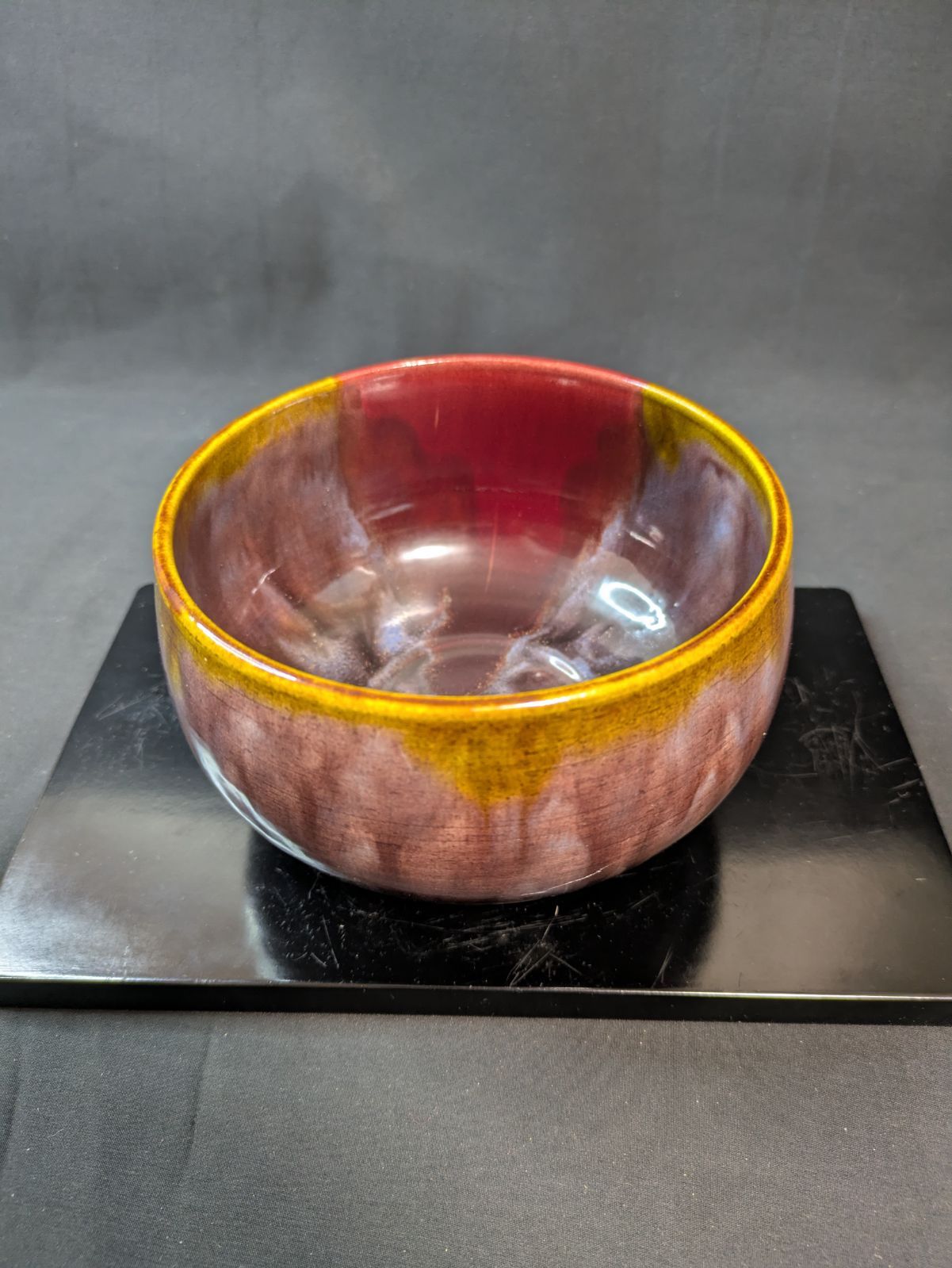 九谷焼 伊関巽山 窯変 結晶釉 赤茶碗 共箱 直径12cm 茶道具 抹茶碗