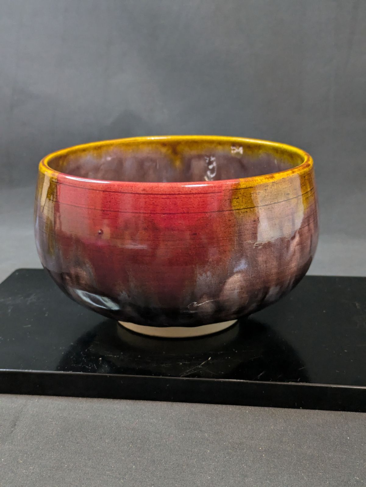 九谷焼 伊関巽山 窯変 結晶釉 赤茶碗 共箱 直径12cm 茶道具 抹茶碗