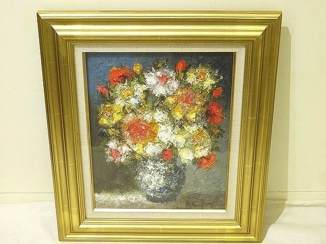 渡部ひでき 作 【薔薇】 油絵 ◇ F6キャンバス 額縁サイズ約49.5×58.5